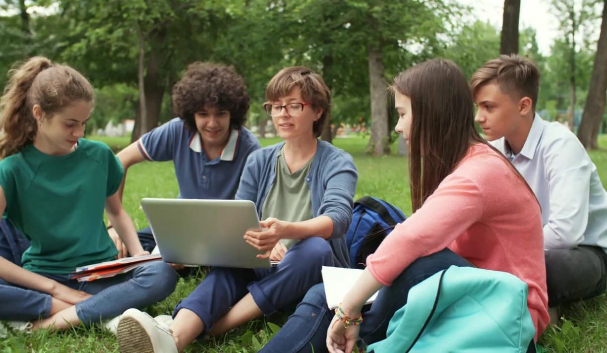 Students collaborating outdoors